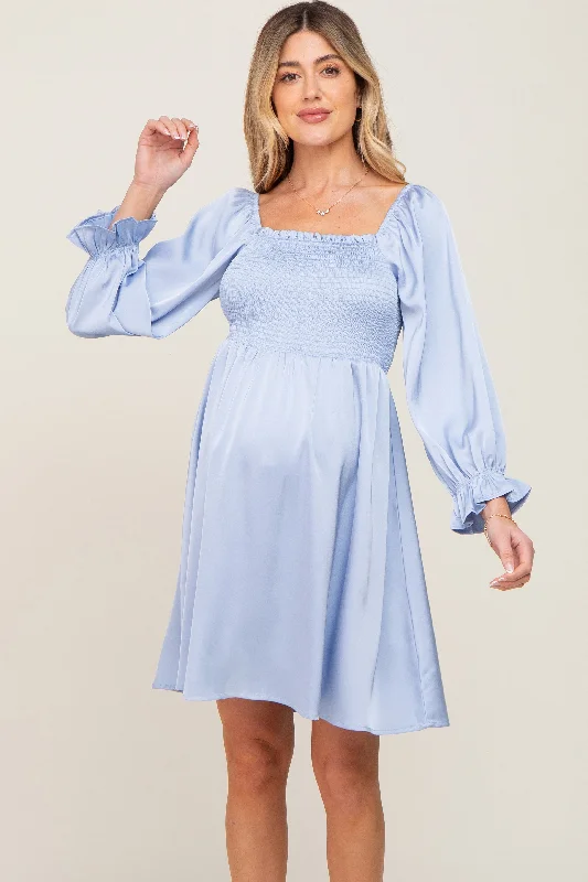 Light Blue Satin Smocked Square Neck Maternity Dress