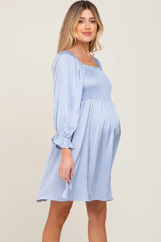 light-blue-satin-smocked-square-neck-maternity-dress