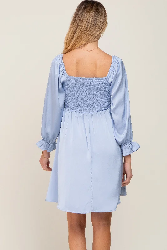 light-blue-satin-smocked-square-neck-maternity-dress