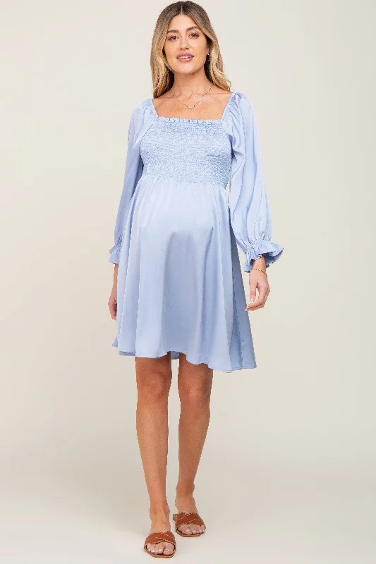 light-blue-satin-smocked-square-neck-maternity-dress