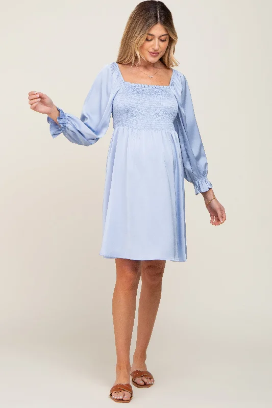 light-blue-satin-smocked-square-neck-maternity-dress