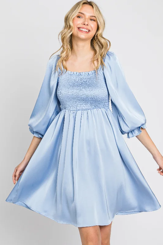 light-blue-satin-smocked-square-neck-maternity-dress