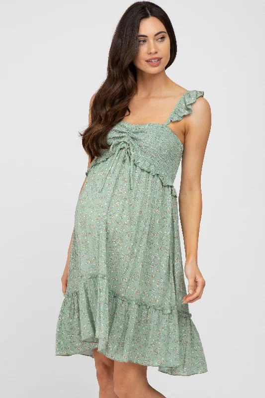 Light Olive Floral Ruffle Accent Smocked Maternity Dress