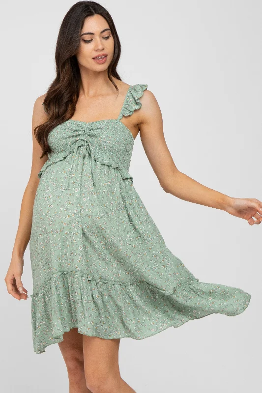 light-olive-floral-ruffle-accent-smocked-maternity-dress