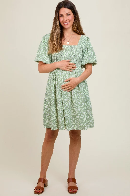 Light Olive Floral Smocked Tie Back Maternity Dress