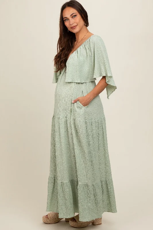 light-olive-flounce-sleeve-tiered-maternity-dress