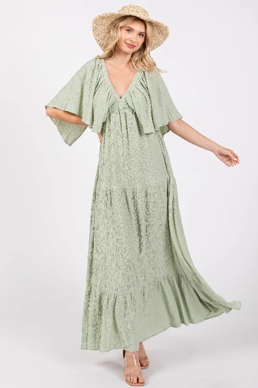 light-olive-flounce-sleeve-tiered-maternity-dress