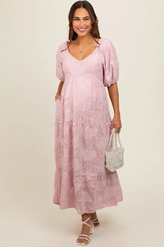 Light Pink Embroidered Leaf Print Striped Maternity Maxi Dress