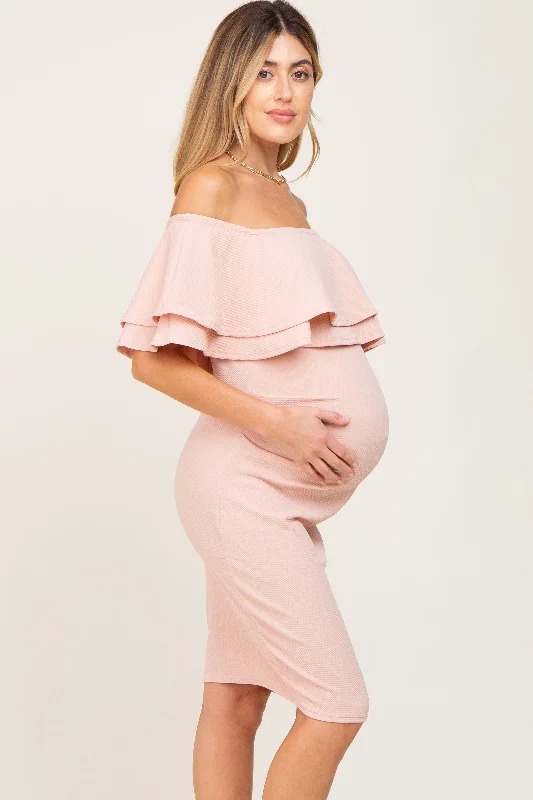 light-pink-off-shoulder-ruched-maternity-dress