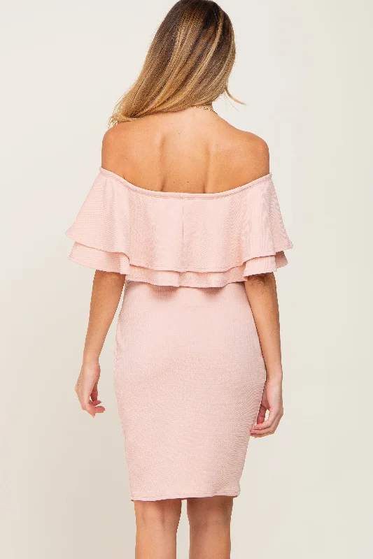 light-pink-off-shoulder-ruched-maternity-dress