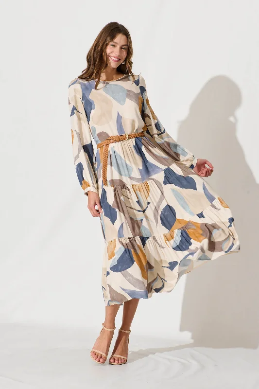 Lolita Midi Smock Dress In Multi Swirl Linen Blend