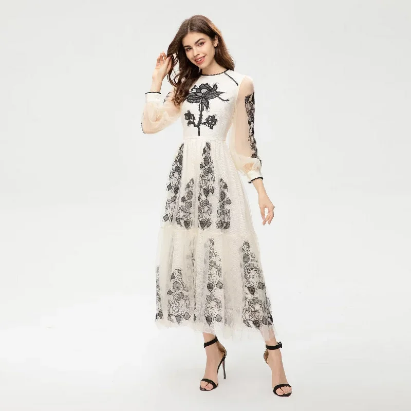 Long Sleeve Oversized Hem Exquisite Embroidery Floral Mesh Dress