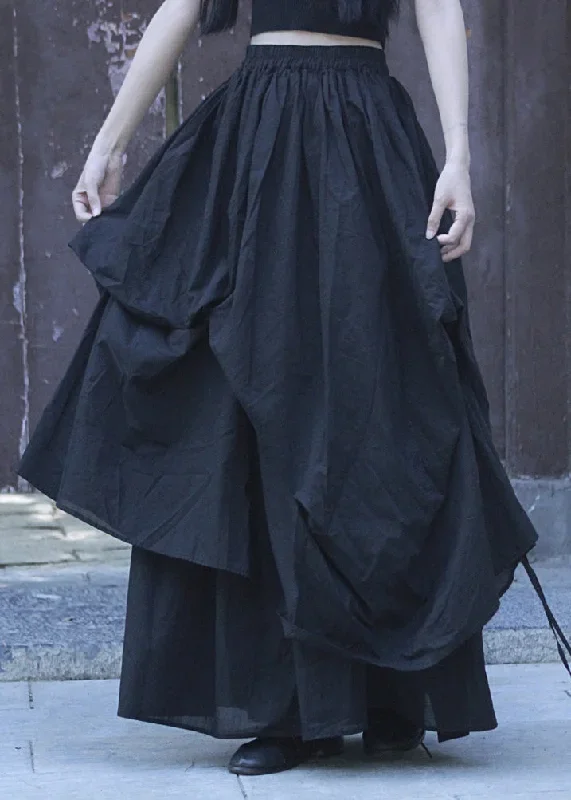 loose-black-asymmetrical-wrinkled-elastic-waist-cotton-skirt-summer