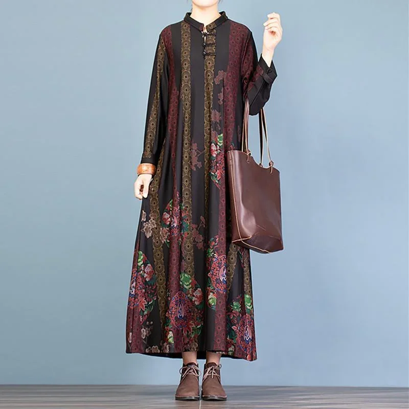 Loose prints cotton fall Tunics Work black long Dress