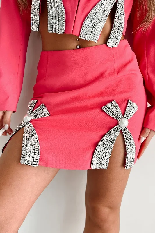 Loving The Attention Slit Front Rhinestone Bow Mini Skirt (Hot Pink)