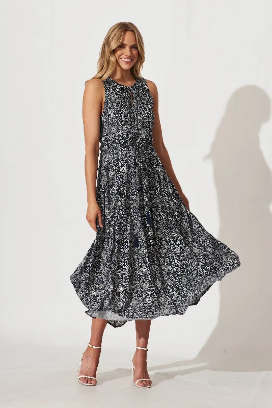 Lumi Maxi Dress In Navy Tile Print