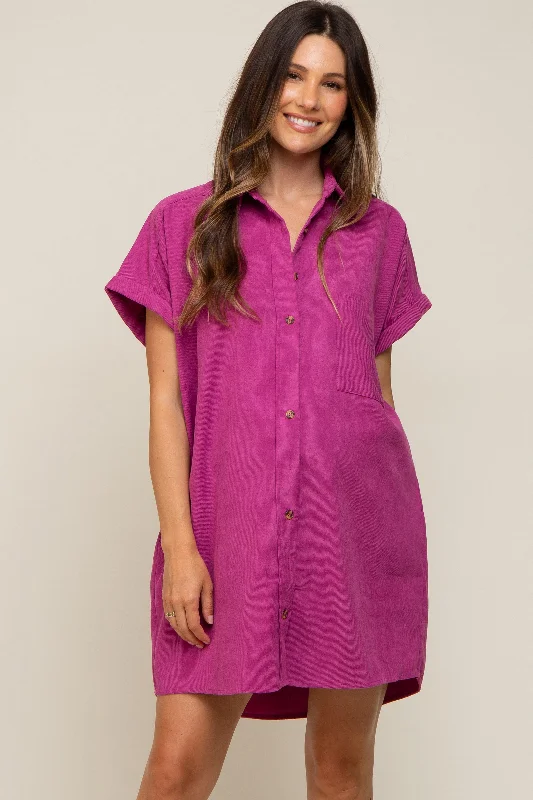 magenta-ribbed-button-down-maternity-mini-dress