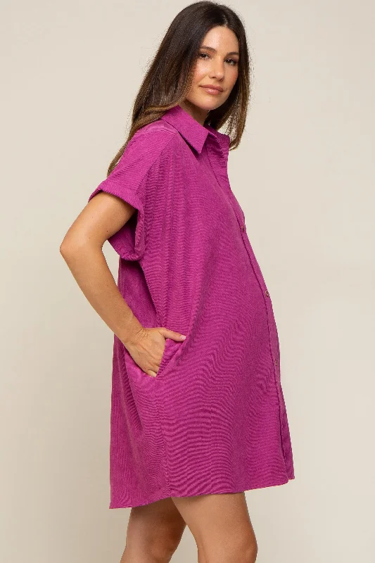 magenta-ribbed-button-down-maternity-mini-dress