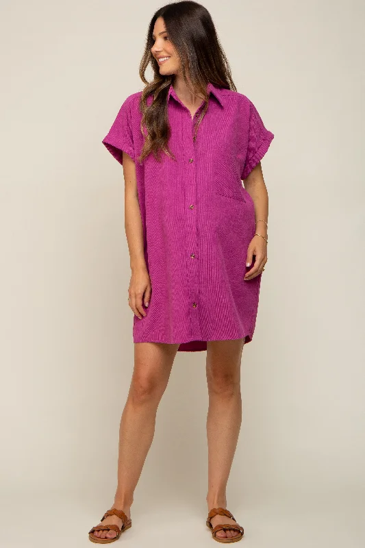 magenta-ribbed-button-down-maternity-mini-dress