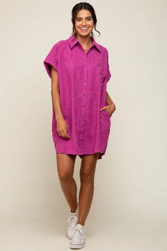 magenta-ribbed-button-down-maternity-mini-dress