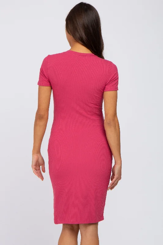 magenta-ribbed-fitted-maternity-dress