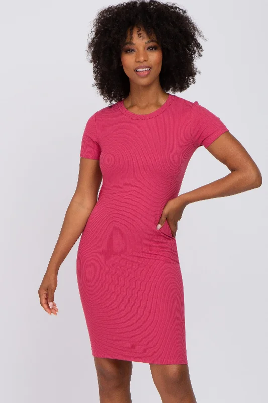 magenta-ribbed-fitted-maternity-dress