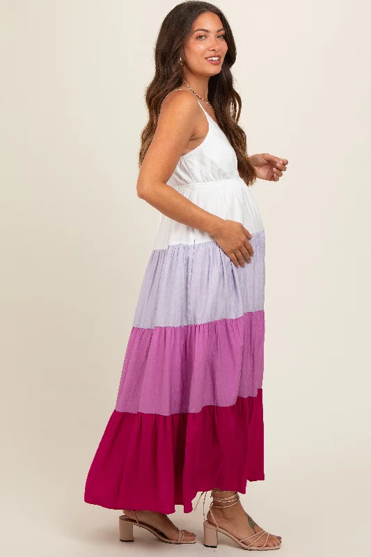 magenta-v-neck-tiered-color-block-maternity-midi-dress