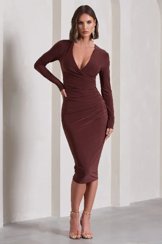 Marcia | Chocolate Brown Bodycon Plunge-Neck Midi Dress