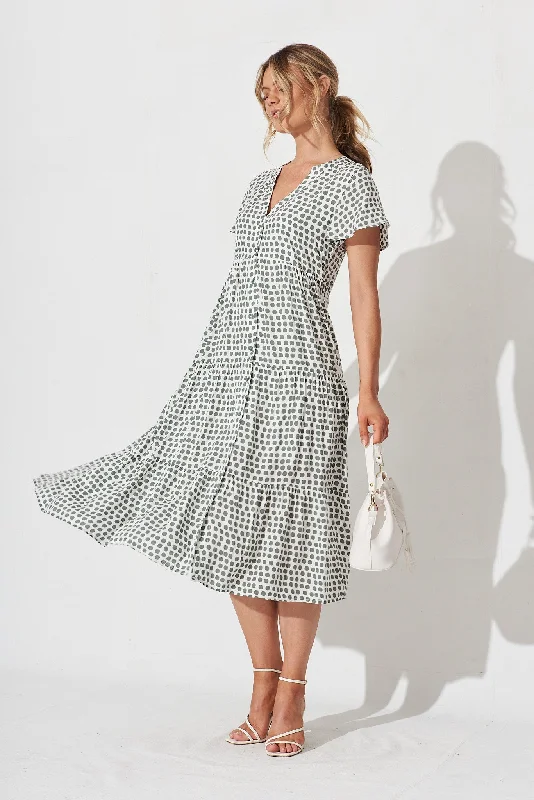 Marvela Midi Shirt Dress In White With Sage Polka Dot