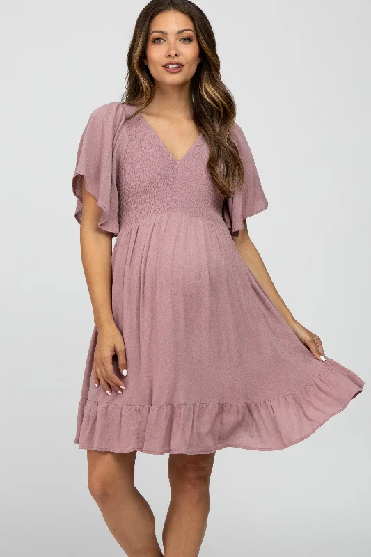 mauve-smocked-front-ruffle-hem-maternity-dress