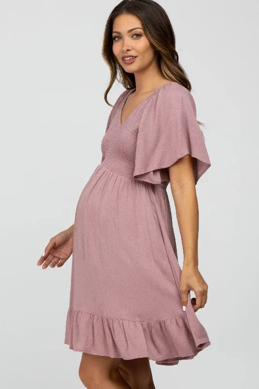 mauve-smocked-front-ruffle-hem-maternity-dress