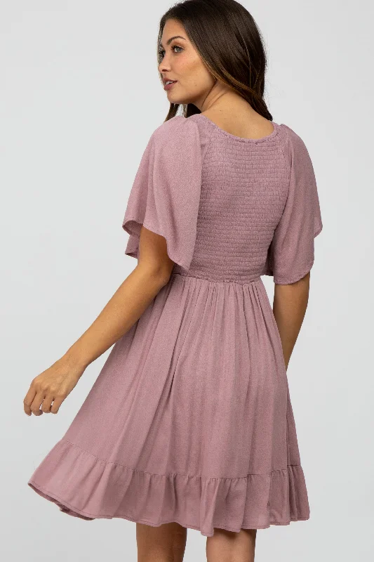 mauve-smocked-front-ruffle-hem-maternity-dress