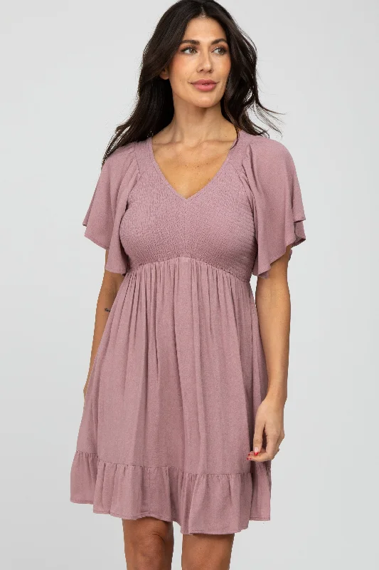 mauve-smocked-front-ruffle-hem-maternity-dress