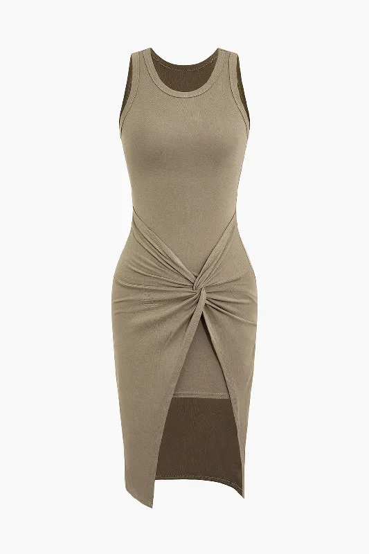 Twist Wrap Sleeveless Midi Dress