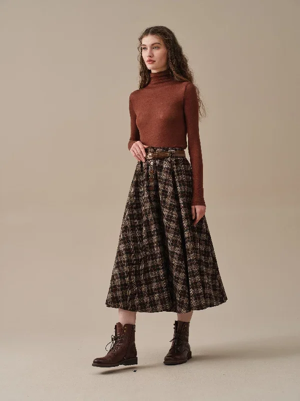 midi-wool-skirt-dark-brown-plaid-wool-skirt-vintage-wool-skirt-tartan-skirt-winter-warm-skirt-pockets-wool-skirt-linennaive