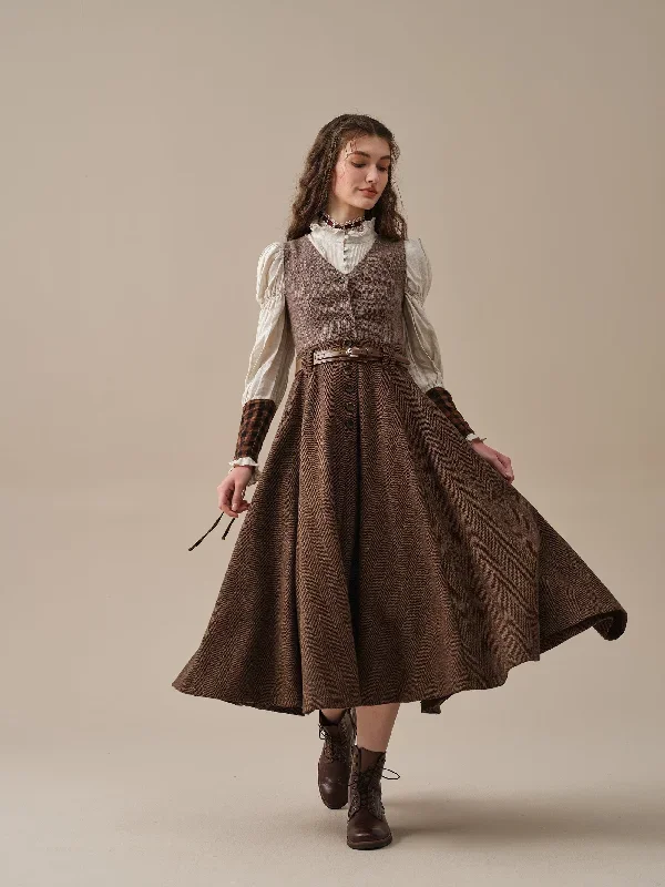 midi-wool-skirt-dark-brown-plaid-wool-skirt-vintage-wool-skirt-tartan-skirt-winter-warm-skirt-pockets-wool-skirt-linennaive