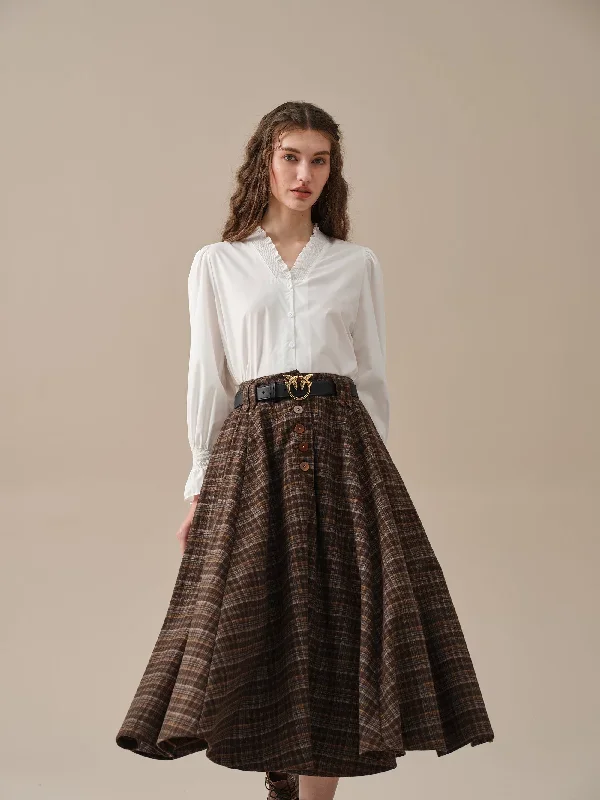 midi-wool-skirt-dark-brown-plaid-wool-skirt-vintage-wool-skirt-tartan-skirt-winter-warm-skirt-pockets-wool-skirt-linennaive