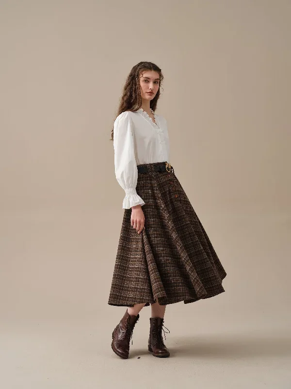 midi-wool-skirt-dark-brown-plaid-wool-skirt-vintage-wool-skirt-tartan-skirt-winter-warm-skirt-pockets-wool-skirt-linennaive