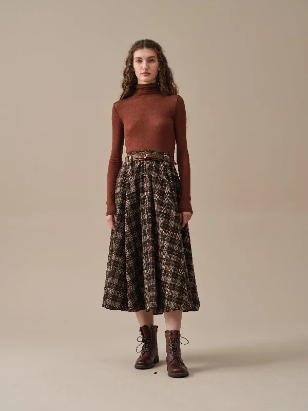 midi-wool-skirt-dark-brown-plaid-wool-skirt-vintage-wool-skirt-tartan-skirt-winter-warm-skirt-pockets-wool-skirt-linennaive