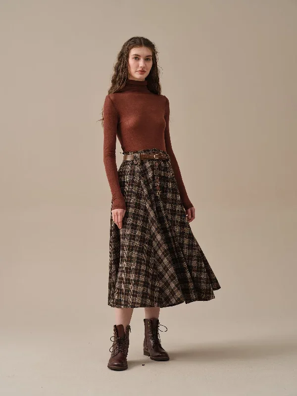 midi-wool-skirt-dark-brown-plaid-wool-skirt-vintage-wool-skirt-tartan-skirt-winter-warm-skirt-pockets-wool-skirt-linennaive