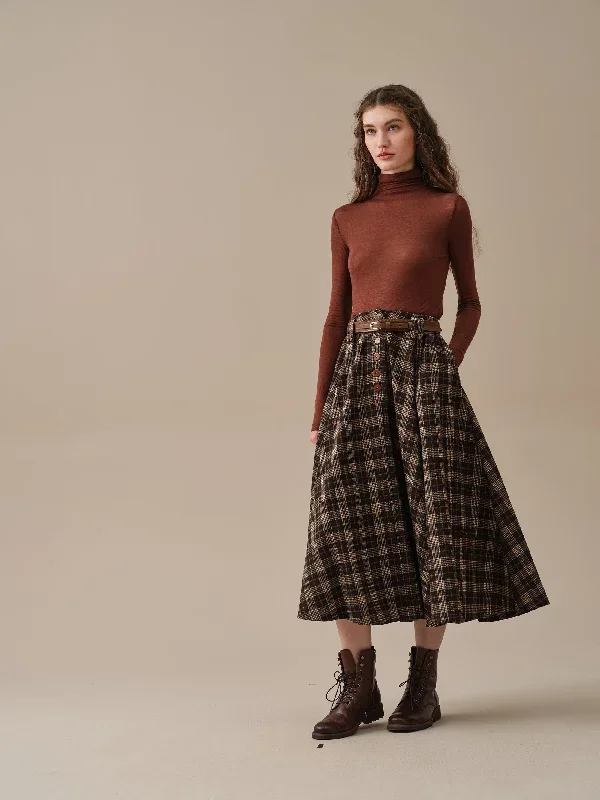 midi-wool-skirt-dark-brown-plaid-wool-skirt-vintage-wool-skirt-tartan-skirt-winter-warm-skirt-pockets-wool-skirt-linennaive