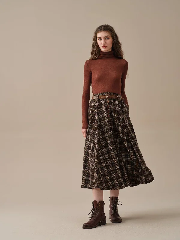 midi-wool-skirt-dark-brown-plaid-wool-skirt-vintage-wool-skirt-tartan-skirt-winter-warm-skirt-pockets-wool-skirt-linennaive