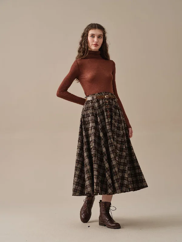 midi-wool-skirt-dark-brown-plaid-wool-skirt-vintage-wool-skirt-tartan-skirt-winter-warm-skirt-pockets-wool-skirt-linennaive