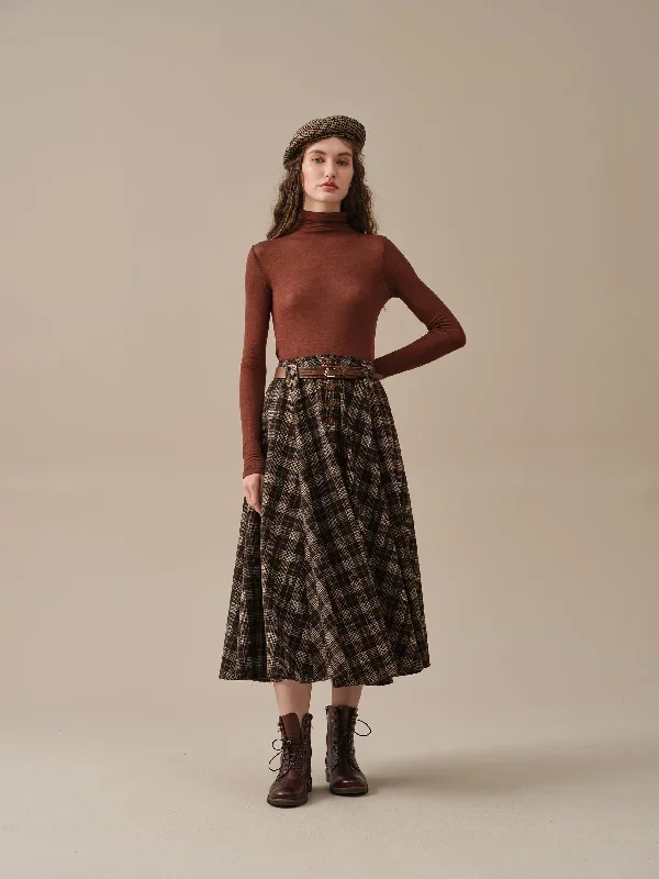 midi-wool-skirt-dark-brown-plaid-wool-skirt-vintage-wool-skirt-tartan-skirt-winter-warm-skirt-pockets-wool-skirt-linennaive