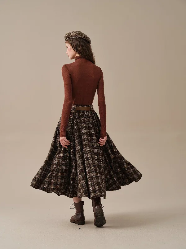 midi-wool-skirt-dark-brown-plaid-wool-skirt-vintage-wool-skirt-tartan-skirt-winter-warm-skirt-pockets-wool-skirt-linennaive