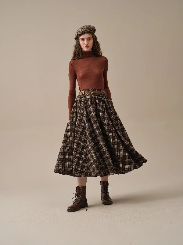 midi-wool-skirt-dark-brown-plaid-wool-skirt-vintage-wool-skirt-tartan-skirt-winter-warm-skirt-pockets-wool-skirt-linennaive