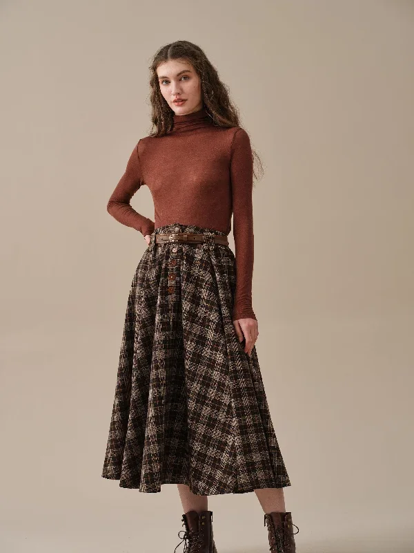 midi-wool-skirt-dark-brown-plaid-wool-skirt-vintage-wool-skirt-tartan-skirt-winter-warm-skirt-pockets-wool-skirt-linennaive