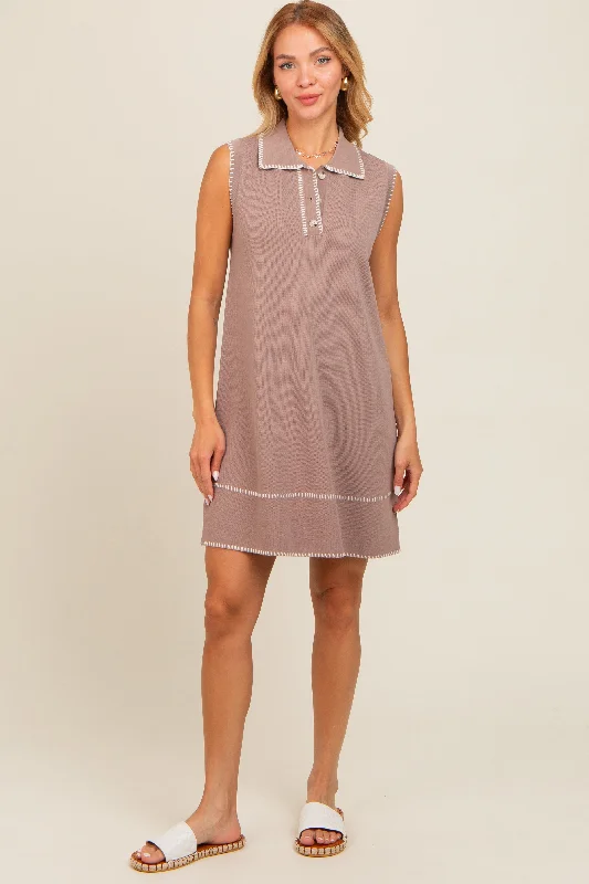 mocha-contrast-stitch-maternity-polo-dress