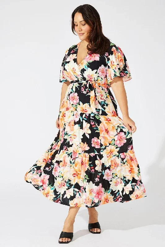 Multi Floral Faux Wrap Maxidress Flare Sleeve V Neck