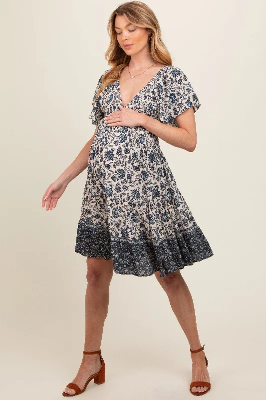 Navy Blue Floral Smocked V-Neck Tiered Maternity Dress